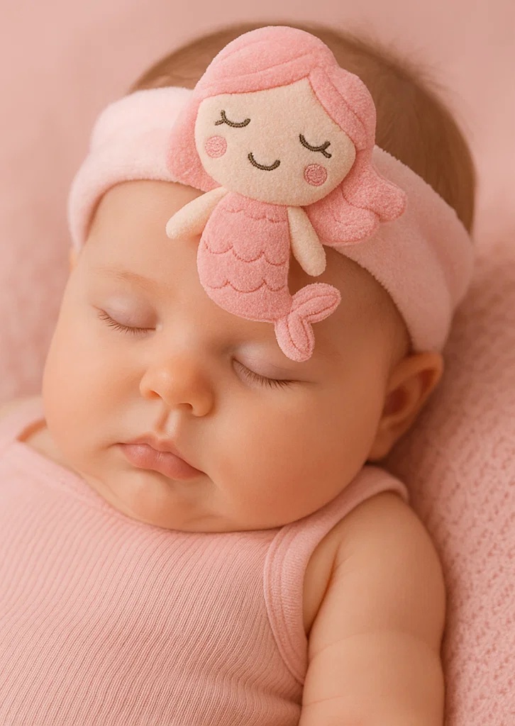 Soft Pink Mermaid Baby Headband with Plush Doll – Sleeping Style